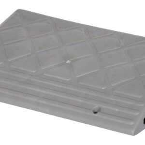 A gray rectangle with a diamond-patterned surface and two small holes at the bottom edge, resembling the Vestil High Impact Multi-Purpose Ramp 23X13.25 and reminiscent of a doorstop or wedge.