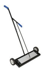 The Vestil Magnetic Sweeper Bended Handle 24 In features a rectangular base, two wheels, and blue grips. This black sweeper efficiently collects metal debris with an adjustable handle that tilts backward for easy maneuverability.