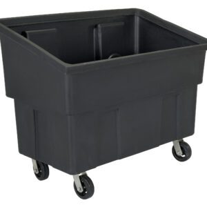 A large, black, rectangular plastic utility cart with four swivel caster wheels is displayed. The Vestil Polyethylene Tote 200 Lb Capacity stands empty against a plain white background.