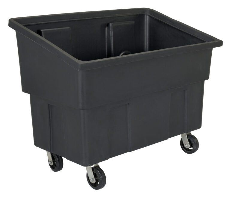 A large, black, rectangular plastic utility cart with four swivel caster wheels is displayed. The Vestil Polyethylene Tote 200 Lb Capacity stands empty against a plain white background.