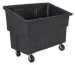 The Vestil Polyethylene Tote 600 Lb Capacity is a large, black plastic utility cart designed with a strong open-top and reinforced edges. It smoothly rolls on four swivel wheels, making it perfect for transporting heavy items effortlessly.