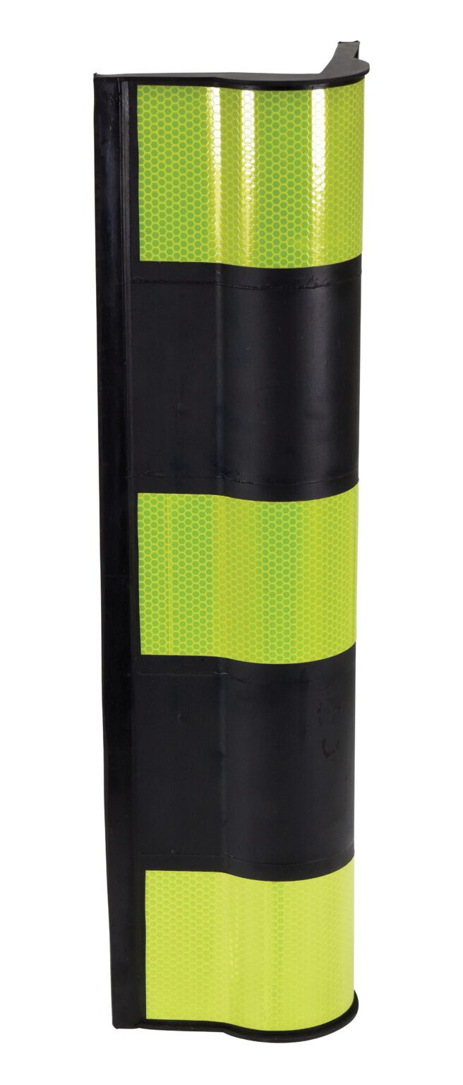 The Vestil Molded Rubber Corner Protector 20 In combines a sleek, curved design for corner fitting with durable rubber. It features a black body accented by three horizontal yellow reflective stripes to boost safety and visibility.
