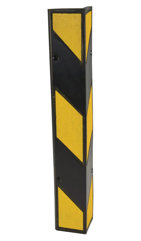 The Vestil Molded Rubber Corner Protector 39 In features a black and yellow chevron pattern with reflective panels, designed to protect walls from damage with its long, vertical form and alternating diagonal stripes for enhanced safety.