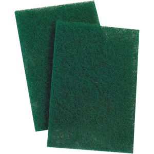 Two green Scotch-Brite™ Scouring Pad 86s, known for their coarse texture ideal for scrubbing tough stains, slightly overlap on a white background. Each case includes 36 durable pads.