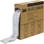 A gray absorbent material is pulled out from a cardboard box labeled 5 x 50 - 3M™ Maintenance Sorbent (3 Per Case). The box includes usage illustrations and contains three sorbents.