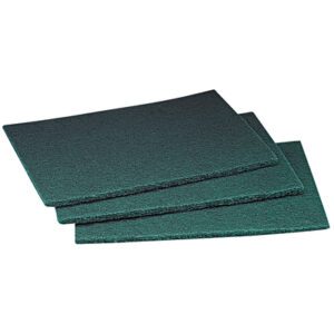 Three Scotch Brite™ Scouring Pad 96 abrasive pads, from a case of 60, are stacked slightly askew against a pristine white background.