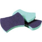 Three Scotch Brite™ Power Sponges 3000, with contoured shapes, green foam sides, and dark abrasive sides for effective cleaning are stacked. Available in cases of 20, these sponges simplify tough scrubbing.