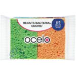The Ocelo™ Sponge packaging features vibrant green and orange sponges, emphasizing Resists Bacterial Odors! and highlighting its status as the #1 Selling Sponge Brand for superior freshness.