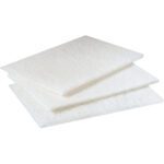 A set of three white Scotch Brite™ Scouring Pads 98, with a textured fibrous surface perfect for cleaning tasks.