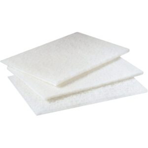 A set of three white Scotch Brite™ Scouring Pads 98, with a textured fibrous surface perfect for cleaning tasks.