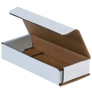 The open MH-USA 6 x 2 1/2 x 1 white corrugated mailer, with a brown interior and partly opened lid, sits empty on a plain white background, ready to securely hold your items.