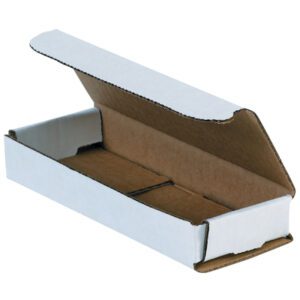The MH-USA 6 1/2 x 2 1/2 x 1 white corrugated mailer, featuring a crisp white exterior and sturdy brown interior with partially raised flaps, is ideal for shipping needs and comes in bundles of 50.