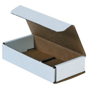 The MH-USA 6 1/2 x 3 1/4 x 1 1/4 White Corrugated Mailer, shown open against a plain background, has a rectangular shape with an attached lid that reveals its brown interior. It is available in bundles of fifty.