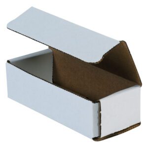 The MH-USA 6 x 2 1/2 x 1 3/4 white corrugated mailers (50/bundle) have a brown interior and slightly raised flaps. Their simple, unadorned rectangular design is ideal for packaging or storage, ensuring an unobtrusive presentation.