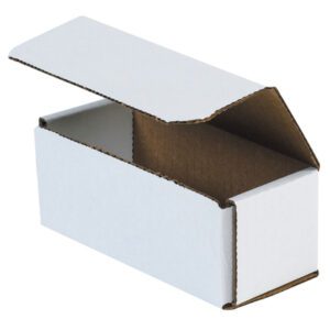 The MH-USA 6 x 2 1/2 x 2 3/8 white corrugated mailer, available in a bundle of 50, features an open cardboard design with a hinged lid that showcases its brown interior and sturdy structure when positioned at an angle.