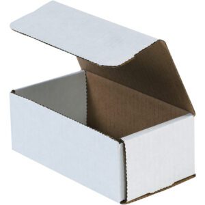 The MH-USA 6 1/2 x 3 5/8 x 2 1/2 white corrugated mailers feature a hinged lid and plain brown interior, perfect for efficient shipping. Sold in bundles of fifty, their simple rectangular design complements any packaging need.