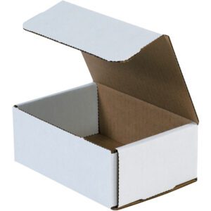 An MH-USA 6 1/2 x 4 1/2 x 2 1/2 white corrugated mailer is partially open at an angle, revealing its brown interior and hinged lid—an effective storage solution.
.