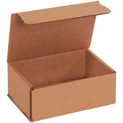 MRX5XK.jpg The 6 1/2 x 4 1/2 x 2 1/2 Kraft Corrugated Mailer with a hinged lid is open to reveal its empty interior, shown against a plain white background. Available in bundles of 50.