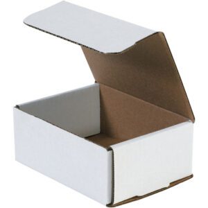 The MH-USA 6 1/2 x 4 7/8 x 2 5/8 White Corrugated Mailers feature a white exterior and brown interior. Its partially open lid reveals the inside, set against a plain white background. (50/Bundle).