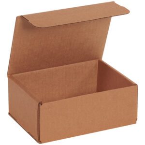 A 6 1/2 x 4 7/8 x 2 5/8 Kraft Corrugated Mailer, featuring a sturdy interior and open flap lid, is empty. Comes in bundles of 50.