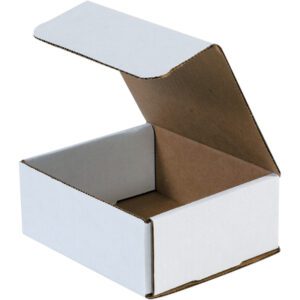 An open MH-USA corrugated mailer box, 6 3/16 x 5 3/8 x 2 1/2, with a brown interior and a lid tilted slightly upward, is part of a bundle of fifty and rests empty against a plain white background.
