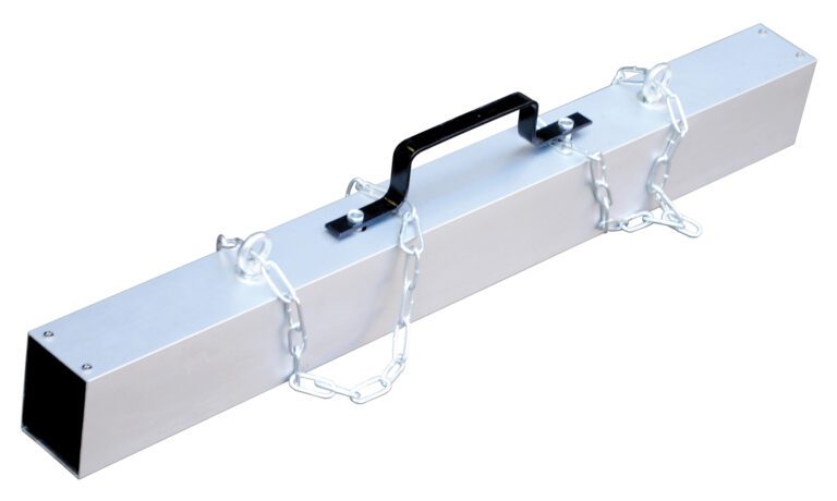 MS-36_A.jpg The Vestil Heavy Duty Magnet Sweeper Chain Hang 36 showcases a sturdy rectangular metal box with a black handle and dual side chains, emphasizing its durable and efficient design against a pristine white background.