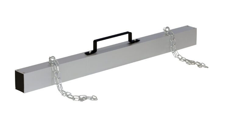MS-48_A.jpg A Vestil Heavy Duty Magnet Sweeper Chain Hang 48 with a black handle rests diagonally against a white background, showcasing two chains on each end. Its robust design resembles a magnet sweeper, ideal for heavy-duty tasks.