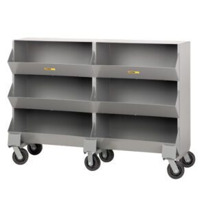 The Little Giant Mobile Storage Bins - Double is a gray metal cart with four spacious, neatly sectioned shelves. It has six wheels for excellent mobility and compartments perfect for organizing needs.