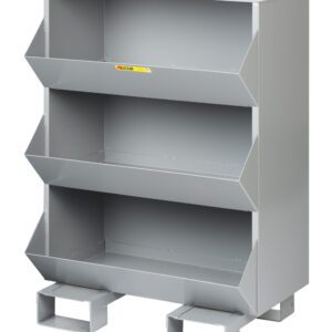 The gray storage rack, similar to Little Giant Stationary Storage Bins, has three open slanted shelves with divided compartments for easy access and is supported by two sturdy rectangular legs.