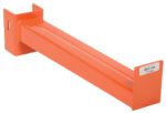 The Vestil Medium Cant Racking Straight Arm 12 In features a sturdy orange steel design with a rectangular base, supporting up to 600 lbs (272 kg), perfect for securely storing elongated items like pipes and lumber.