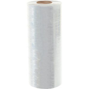 The MH-USA 20 x 80 Gauge x 5000 Cast Machine Stretch Wrap (40/Skid) is a large, clear roll with a cardboard core. Standing upright, it appears slightly reflective and tightly wound, highlighting its thickness and transparency against a plain white background.