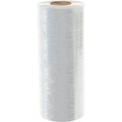 MSF20805C.jpg The MH-USA 20 x 80 Gauge x 5000 Cast Machine Stretch Wrap (40/Skid) is a large, clear roll with a cardboard core. Standing upright, it appears slightly reflective and tightly wound, highlighting its thickness and transparency against a plain white background.