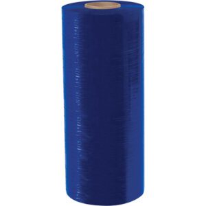 The MH-USA 20 x 80 Gauge x 6000 Blue Cast Machine Stretch Wrap (40/Skid) is ideal for securing items in storage or transit, featuring a large blue plastic roll with a cardboard core that ensures tight and reliable coverage.