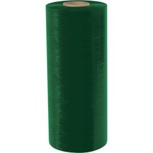 The MH-USA 20 x 80 Gauge x 6000 Green Cast Machine Stretch Wrap (40/Skid) stands tall, showcasing its cylindrical form and tightly wound layers. Its glossy texture hints at flexibility and strength, with the inner cardboard tube visible.