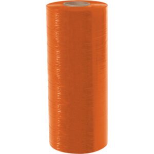 An MH-USA 20 x 80 Gauge x 6000 Orange Cast Machine Stretch Wrap, tightly wound around a sturdy cardboard core, gleams on a white background, showcasing its smooth and glossy finish.