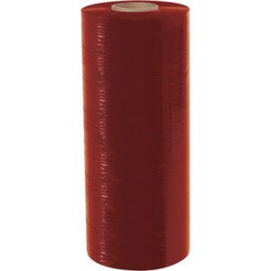 A large roll of MH-USA 20 x 80 Gauge x 6000 Red Cast Machine Stretch Wrap (40/Skid) stands upright, its tightly wound, glossy red film catching the light and highlighting the visible core at the top.