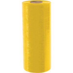 An upright roll of MH-USA 20 x 80 Gauge x 6000 Yellow Cast Machine Stretch Wrap (40/Skid) shows its cardboard core and shiny, durable plastic surface, ideal for heavy-duty packaging needs.