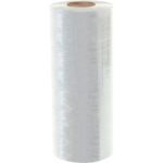 A large roll of MH-USA 30 x 80 Gauge x 5000 cast machine stretch wrap is upright, displaying its cylindrical shape and smooth, shiny surface. Its tightly wound around a strong cardboard core, ready for efficient use.