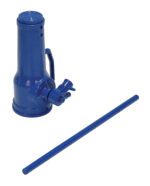 A blue hydraulic bottle jack, similar to the Vestil Mechanical Screw Jack 20000 Lb Capacity, has a removable matching lever. It features a cylindrical body with a side handle and a valve near the base. The lever is long and straight, running parallel to the jack.