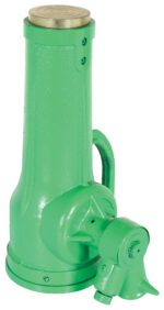 The Vestil Mechanical Screw Jack 40000 Lb Capacity features a green cylindrical design, sturdy base, vertical lifting cylinder, rotating screw for height adjustments, metal top plate, and a side handle for easy maneuverability.