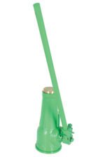 A green iron hand pump resembles the Vestil Mechanical Screw Jack 6000 Lb Capacity, featuring a robust metal build with a round base and cylindrical body. Its long handle is elegantly extended upwards.
