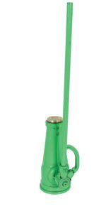 The Vestil Mechanical Screw Jack 10000 Lb Capacity has a green, vertical design with a tall handle, perfect for lifting heavy objects. Its cylindrical shape and flat base ensure stability and efficiency.