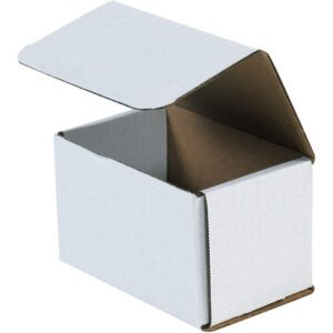 A small, open MH-USA 5 1/2 x 3 1/2 x 3 1/2 White Corrugated Mailer from a bundle of 50, featuring a partially closed lid and contrasting brown interior against its pristine exterior, highlights its durable design on a plain background.