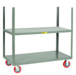 This utility cart features two shelves, four red caster wheels for easy mobility, and a durable gray metal structure, resembling the design of Little Giant Mobile Stake Trucks. Its ideal for industrial use with a flat open layout facilitating accessible storage.