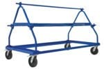 The blue industrial cart, akin to the Vestil Shrink Wrap Roll Cart 3 Roll Capacity, features a triangular frame and four black wheels. Its ideal for transporting large items like glass or boards and has a top and middle bar designed to efficiently accommodate roll capacities.