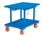 The Vestil High Profile Mech Post Table 24 x 36, with a blue mobile utility design and red caster wheels, features a manual crank, flat top, lower shelf, and four vertical bars for ideal item transport in industrial settings.