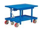 The Vestil Low Profile Mech Post Table 24 x 36 is a blue lift table cart with a metal crank handle, flat top platform, lower shelf, and sturdy legs. It has red and black swivel casters with one featuring a braking mechanism.
