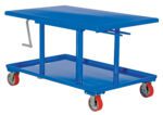 The Vestil High Profile Mech Post Table 2K, with dimensions of 24 x 42 inches, includes a blue hydraulic lift table, rectangular top, four red caster wheels, and a metal hand crank. Its solid base and reinforced legs provide sturdy support.