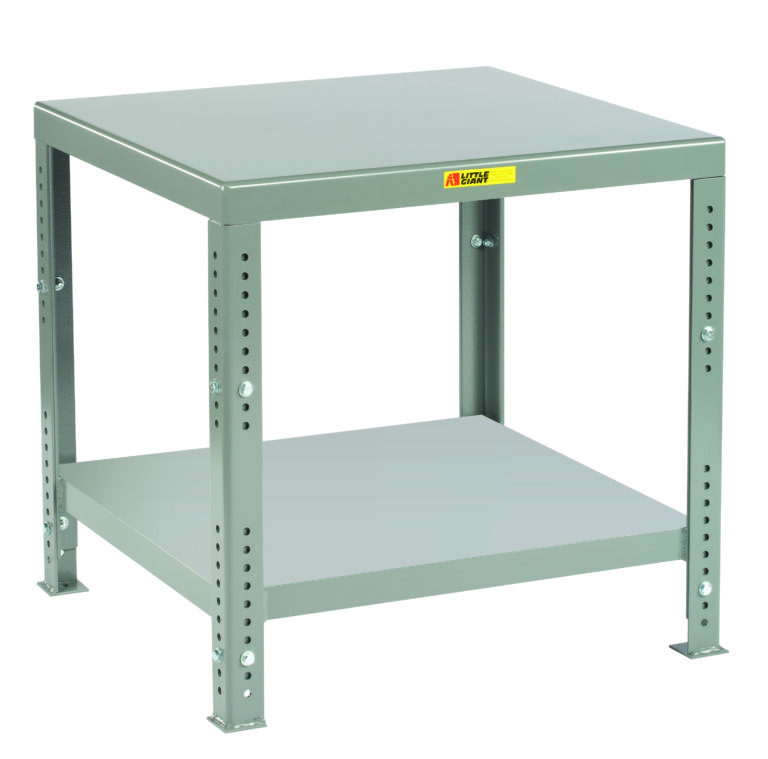 Introducing the versatile Little Giant Adjustable Height Steel Top Machine Table in gray, featuring a lower shelf and sturdy adjustable legs. A handy sticker on the front edge marks it as your go-to workspace solution.