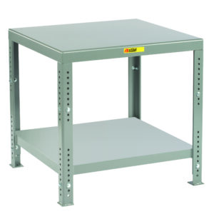 Introducing the versatile Little Giant Adjustable Height Steel Top Machine Table in gray, featuring a lower shelf and sturdy adjustable legs. A handy sticker on the front edge marks it as your go-to workspace solution.